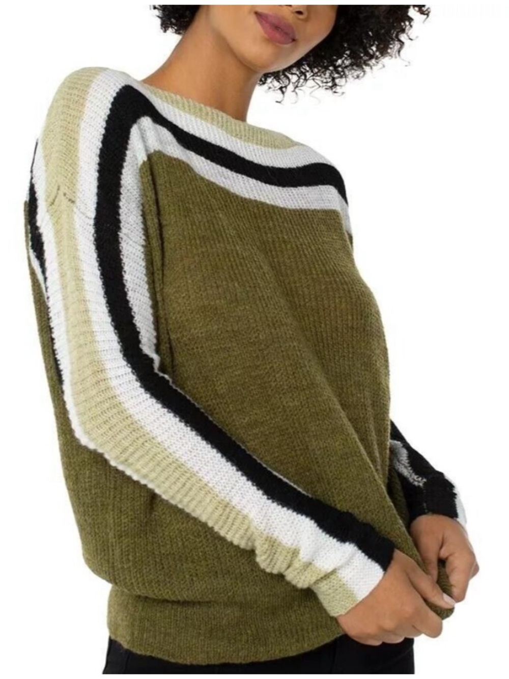 NWT Liverpool Los Angeles Olive Crewneck Sweater with Stripe Detail